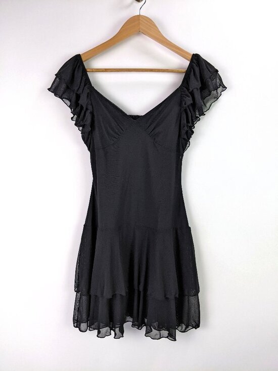 Dresses & Skirts - Womens Mesh Ruffle Mini Dress Flutter Sleeve Fit & Flare Party in Black Size S